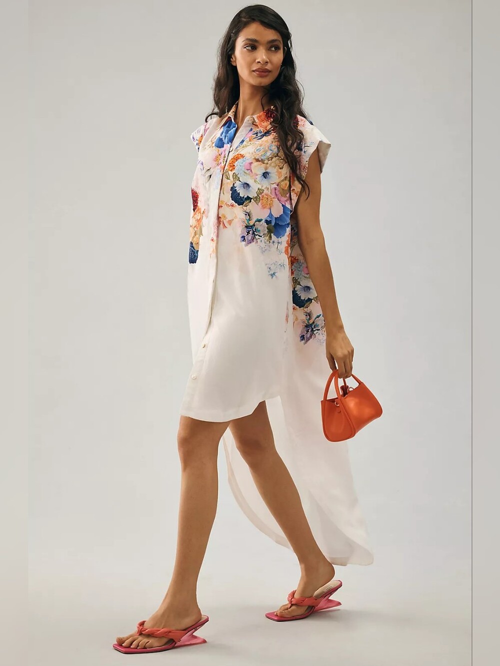 Anthropologie White Floral High-Low Shirt Dress Size L